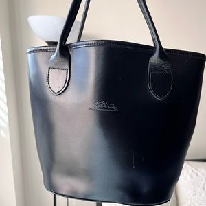 Longchamp Black Leather Bucket Tote